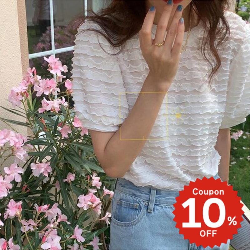 Rakuten - ファッション レディース 韓国 トップス Tシャツ 半袖 ラウンドネック ナイロン カジュアル シンプル かわいい 透け感 フリル フリルデザイン半袖Tシャツ
