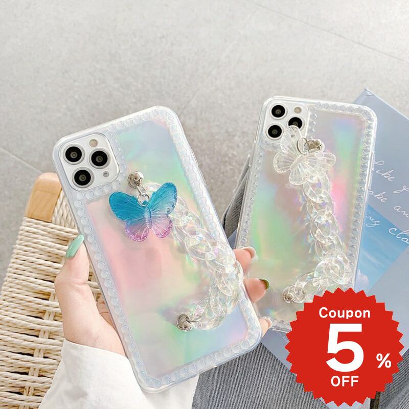乐天商城 - iphone12 ケース 大人かわいい mini pro max iphone11 アイフォン iPhone ケース iphonexrケース iphone se 韓国 大人 女子 TPU オーロラ 蝶々 バタフライ チェーン カバ