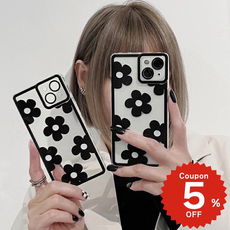 Rakuten - iphone13 ケース 韓国 かわいい iphone12 mini ケース iphone12 pro ケース iphone11 アイフォン iPhone ケース iphonese ケース TPU スクエア フラワー 花 モノクロ シンプル レディース 女性