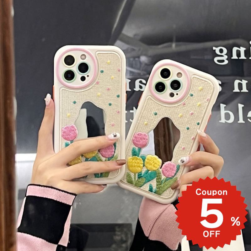 樂天商城 - iphone14 ケース 韓国 かわいい 花 iphone13 ケース iphone14pro iphone13 pro iphone12 mini ケース iphone11 アイフォン iPhone ケース iphonese ケース 韓国 おしゃれ TPU 刺繍 チューリップ フラワー ミラー 鏡 おしゃれ かわいい 大人