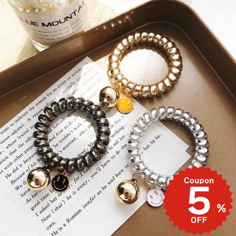 ヘアアクセサリー 韓国 ヘアゴム ポニー スプリング ゴム スマイル ゴールド ボール モチーフ おしゃれ かわいい まとめ髪 レディース 大人 女子 きれいめ