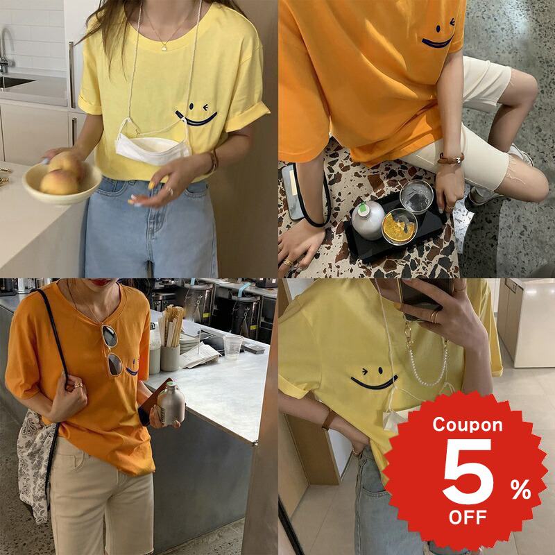 樂天商城 - ファッション レディース 韓国 トップス Tシャツ 半袖 ロゴT ラウンドネック 綿 コットン カジュアル シンプル かわいい ビッグT スマイルプリント半袖Tシャツ