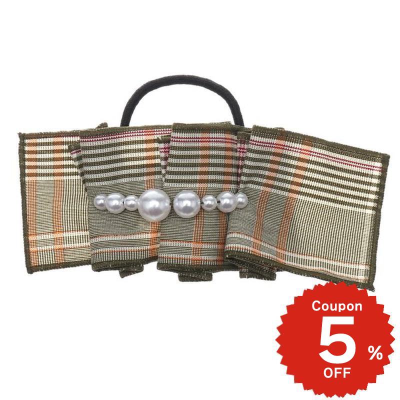 チェック柄パールモチーフポニーフック カーキ ヘアアクセサリー おしゃれ onlyou オンリーユー