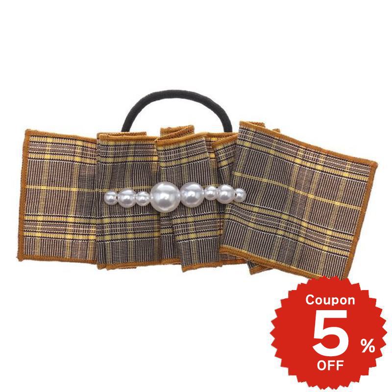 チェック柄パールモチーフポニーフック イエロー ヘアアクセサリー おしゃれ onlyou オンリーユー