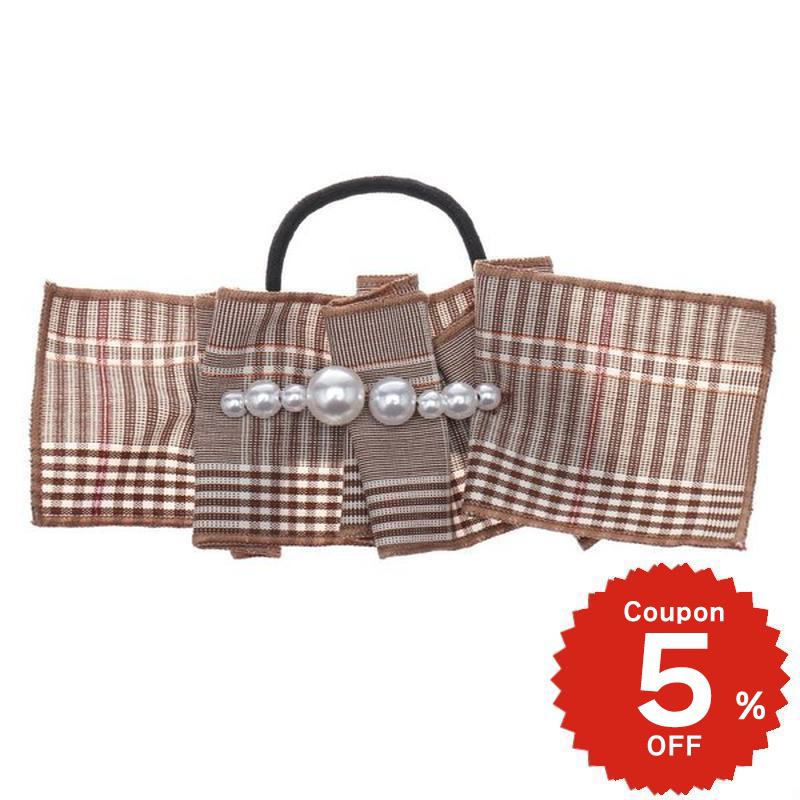 チェック柄パールモチーフポニーフック ブラウン ヘアアクセサリー おしゃれ onlyou オンリーユー