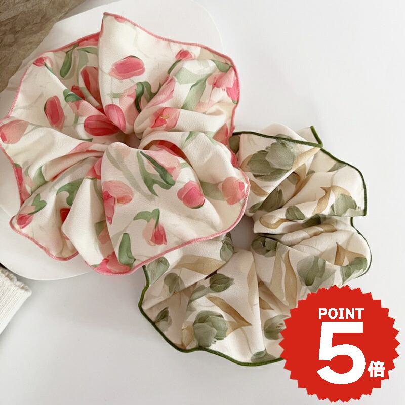 ヘアアクセサリー 韓国 ヘアゴム シュシュ ポニー 大きめ チューリップ 花柄 おしゃれ かわいい まとめ髪 レディース 大人 女子 きれいめ 跡がつきにくい