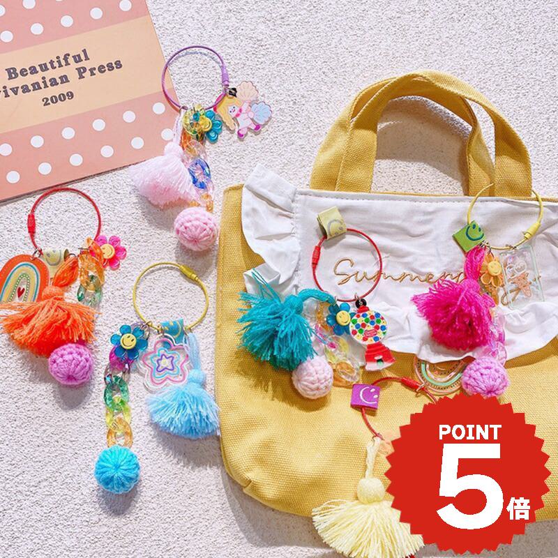 アクセサリー チャーム キーリング キーホルダー バッグ ポーチ かわいい シンプル おしゃれ 飾り チェーン フリンジ ニコちゃん スマイル カラフル