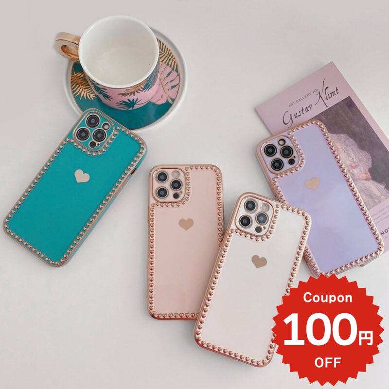 iphone12 ケース 大人かわいい mini pro max iphone11 アイフォン iPhone ケース iphonexrケース iphone se 韓国 大人 女子 シンプル メッキ フチスタッズ ハート