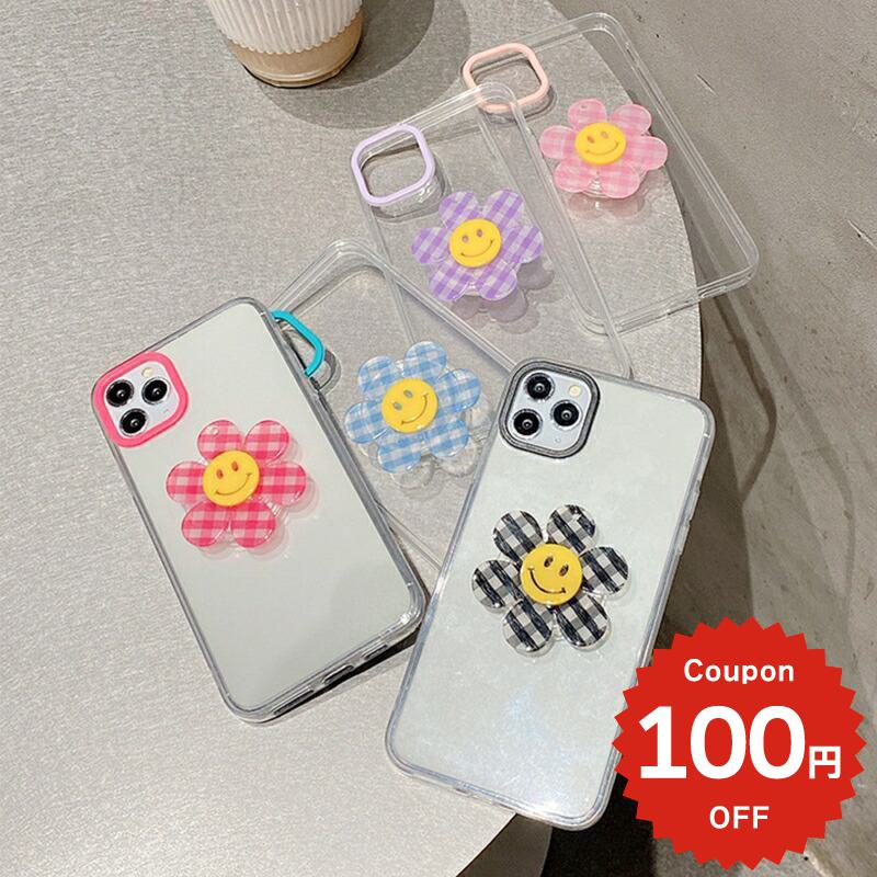 iphone12 ケース 大人かわいい mini pro max iphone11 アイフォン iPhone ケース iphonexrケース iphone se 韓国 大人 女子 TPU グリップ GRIP 花 スマイル フラワー クリア レディース