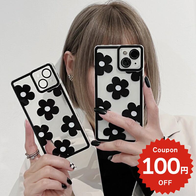 乐天商城 - iphone13 ケース 韓国 かわいい iphone12 mini ケース iphone12 pro ケース iphone11 アイフォン iPhone ケース iphonese ケース TPU スクエア フラワー 花 モノクロ シンプル レディース 女性