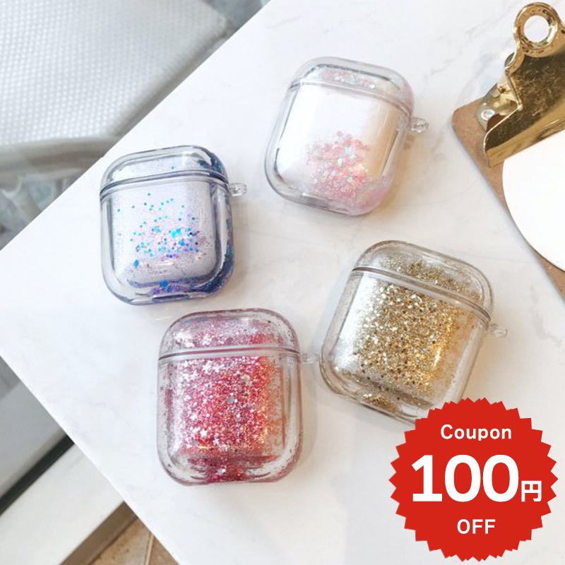 airpods ケース 韓国 エアポッズ ケース 第1世代 第2世代 カバー イヤホンケース かわいい キラキラフレーク カバー チェーン ストラップ シンプル