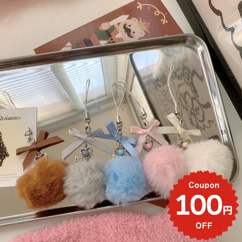 スマホストラップ 韓国 チャーム ストラップ キーホルダー バッグチャーム 携帯チャーム 飾り リボン りぼん ファー かわいい おしゃれ レディース 大人 女子 ペア