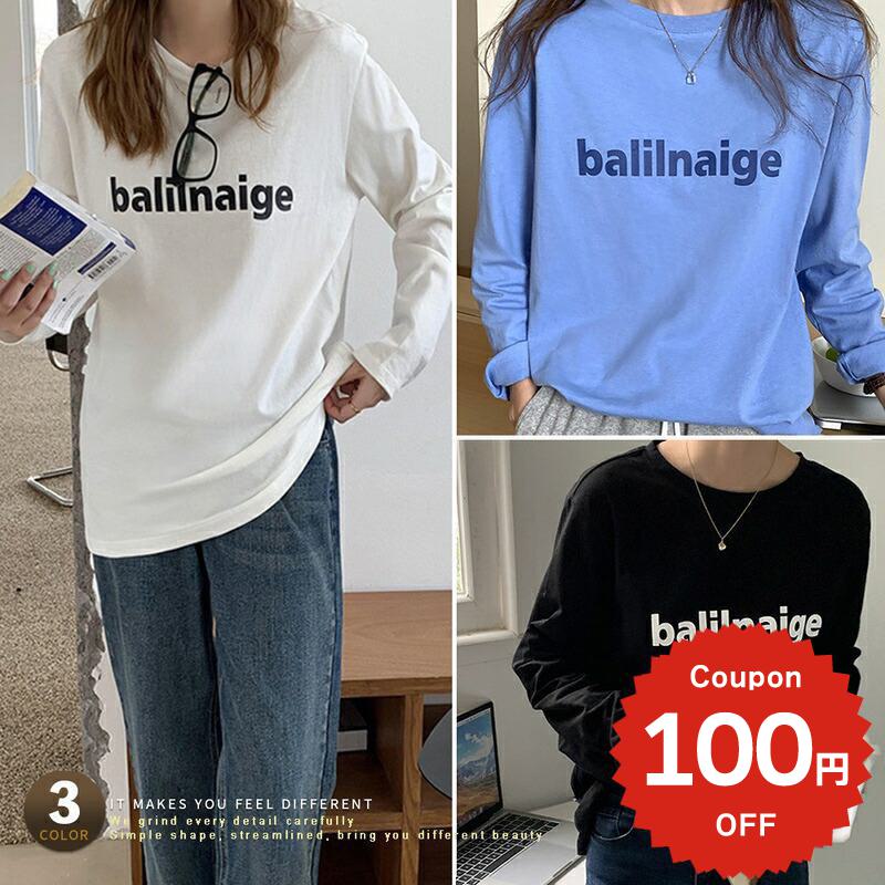 Long-Sleeved - ファッション レディース 韓国 トップス 長袖シャツ ロゴT ラウンドネック 綿 コットン カジュアル シンプル かわいい 英字 ロゴ ロングT
