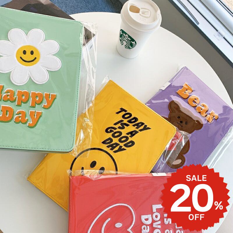 Rakuten - iPad iPadAir アイパッド エアー タブレット ケース カバー シリコン 韓国 傷防止 手帳型 ブック式 スタンド かわいい 大人 お揃い スマイル フラワー くま