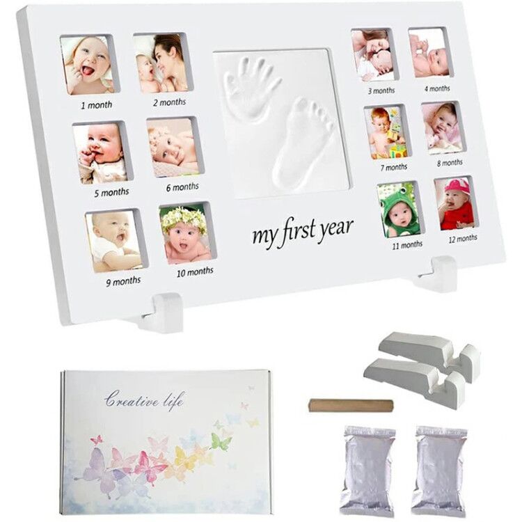 新生児ベビーフレーム 手形 足形 フォトフレーム 赤ちゃん 手形 粘土 12枚写真立て 赤ちゃん手形記念品 手形足形キット ハンドプリント＆フットプリントフレームキット 安全な非毒性粘土 木製フレーム 卓上壁掛両用 出産祝いの用品に最適です