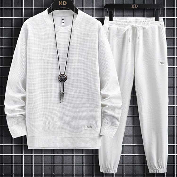 スウェット セットアップ メンズ ジャージ フェイクレイヤード ワッフル 重ね着風 オールシーズン 長袖 無地 薄手 上下 スウェット 長袖パジャマ トップス パンツ パジャマ ルームウェア ブラック グレー ネイビー ベージュ コーヒー ブルー ホワイト