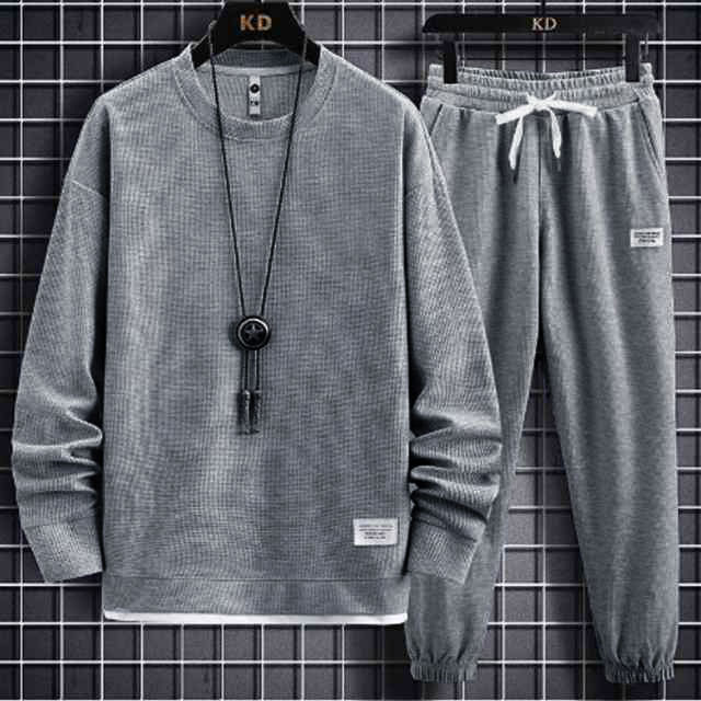 スウェット セットアップ メンズ ジャージ フェイクレイヤード ワッフル 重ね着風 オールシーズン 長袖 無地 薄手 上下 スウェット 長袖パジャマ トップス パンツ パジャマ ルームウェア ブラック グレー ネイビー ベージュ コーヒー ブルー ホワイト