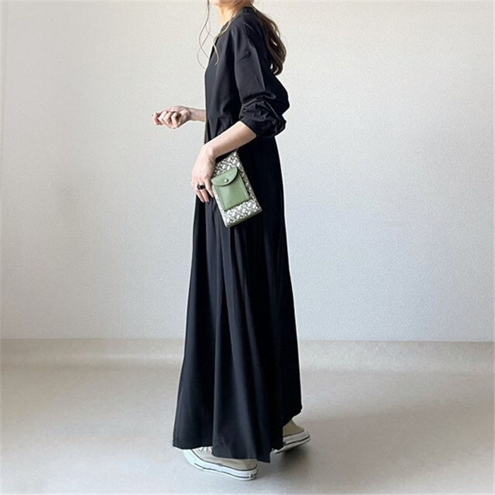 シャツワンピース ワンピース レディース 長袖 春 無地 バンドカラー マキシワンピース フレア Aライン ワンピース 大きいサイズ ロングワンピース 着痩せ 大人 オシャレ オフィス ゆったり 秋 こなれ感 立ち襟 体型カバー 通勤 カジュアル 大人可愛い 30代 40代 50代