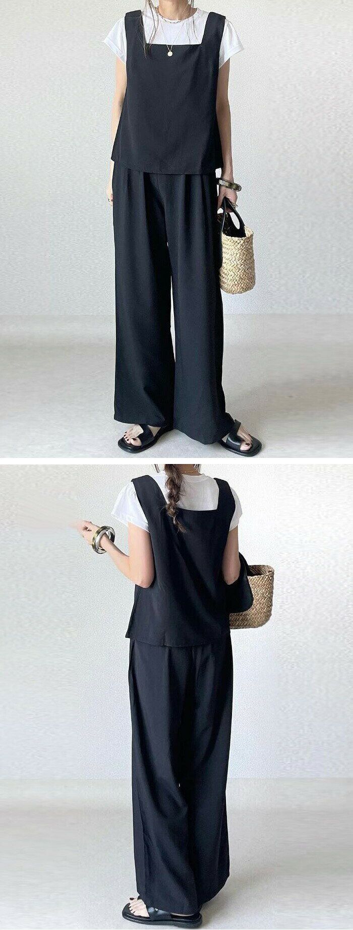 セットアップ レディース カジュアル パンツドレス 2点セット パンツドレス パンツ きれいめ パンツスーツ ノースリーブ ゆったり 美シルエット 美脚 春夏 スクエアネック 無地 お出かけ お呼ばれ 普段着 ワイドパンツ 体型カバー 2