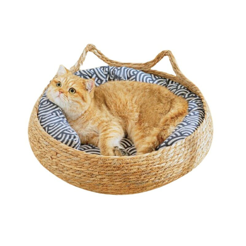 猫用ベッド 和柄 かごベッド ガマ草 藤編み ラタン クッション付き ペットベッド ナチュラル 手編み 通..