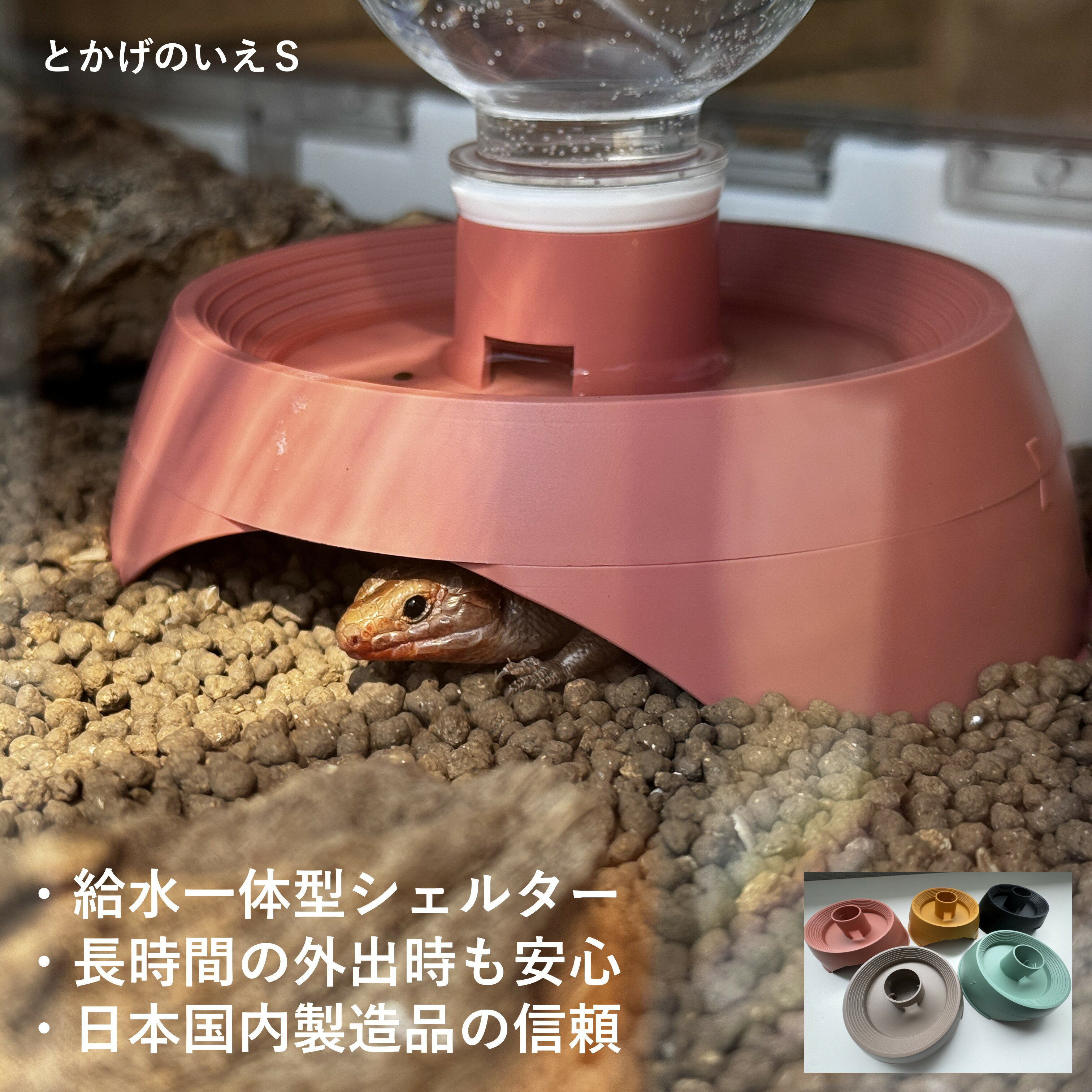 爬虫類 シェルター 水入れ トカゲ レオパ カナヘビ ヤモリ 水飲み 水皿 かわいい 家 おうち ウェットシェルター対応 日本製 とかげのいえS