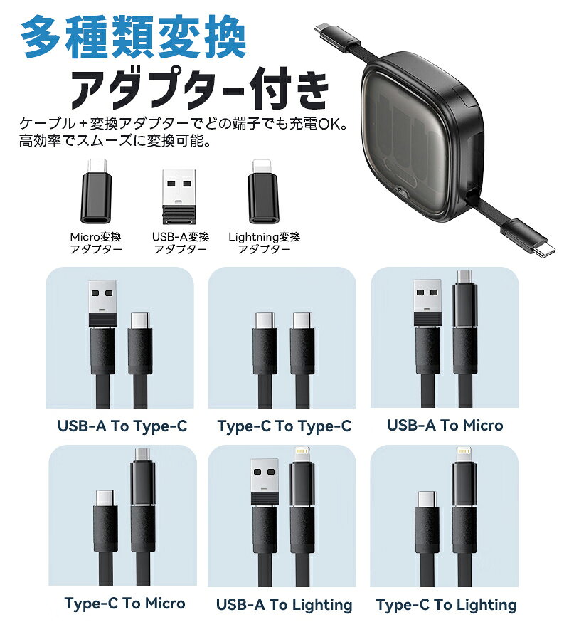 【5%OFF】ケーブル＆コネクタ収納ボックス 巻き取り式 多機能格納 収納ケース 長さ4階段調整 60W 急速充電 PD/QC対応 変換アダプター付き スタンド機能 スマホ充電ケーブル データ転送 持ち運び便利 Type-C microUSB USB-A SIM取出しピン付 SIMカード収納 便利グッズ 黒 白 eclink-10002367 eclink サンプル画像3