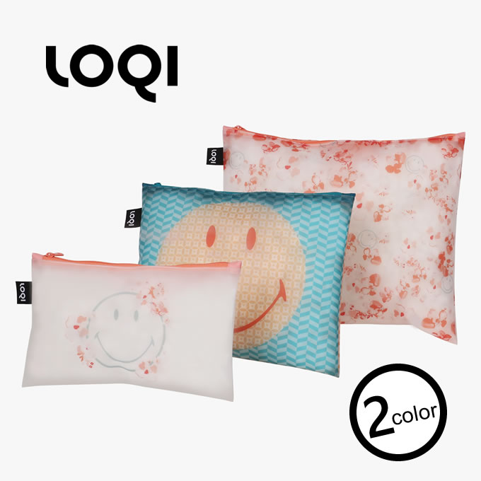 ローキー 【メール便で送料無料】LOQI ローキー Zip Pockets ジップポケット SMILEY Blossom ／ おしゃれ　エコバッグ マイバッグ