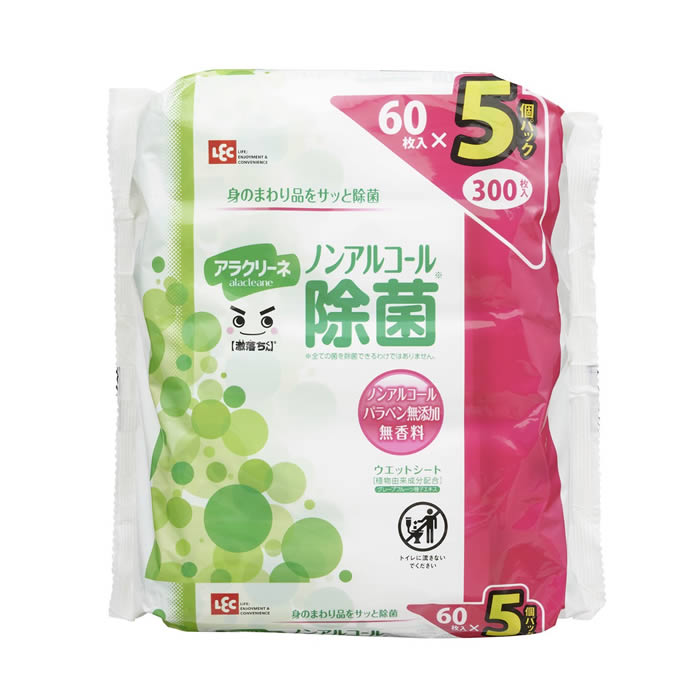 身のまわり品に、ノンアルコール除菌シート60枚入×5個 ノンアルコールの除菌ウェットシートです。 拭き取ることでテーブルまわりや身のまわり品の除菌ができます。 ※拭き取った後の菌を減少させるもので、全ての菌を除去できるわけではありません。 シート60枚入×5個パックです。 持ち歩きに便利なコンパクトサイズです。 無香料、パラベンフリーです。 シートを1枚取っても、次のシートが出てこないタイプです。 オープンシールは、シートが取り出しやすいオーバーストップ機能が付いています。 手や指の汚れ落としにも使えます。商品詳細 商品名ウェットシート 激落ちくん アラクリーネ ノンアルコール除菌 60枚入 5個セット 品番：C00879 ポイント身のまわり品に、ノンアルコール除菌シート60枚入×5個 ノンアルコールの除菌ウェットシートです。 拭き取ることでテーブルまわりや身のまわり品の除菌ができます。 ※拭き取った後の菌を減少させるもので、全ての菌を除去できるわけではありません。 シート60枚入×5個パックです。 持ち歩きに便利なコンパクトサイズです。 無香料、パラベンフリーです。 シートを1枚取っても、次のシートが出てこないタイプです。 オープンシールは、シートが取り出しやすいオーバーストップ機能が付いています。 手や指の汚れ落としにも使えます。 サイズ約横18×縦12.5cm 素材ポリエステル、レーヨン メーカーレック 内容量60枚入×5個 生産国日本製 ご注意事項お使いのモニターの性能・環境・設定によって、実際の商品と色見が異なる場合がございます。