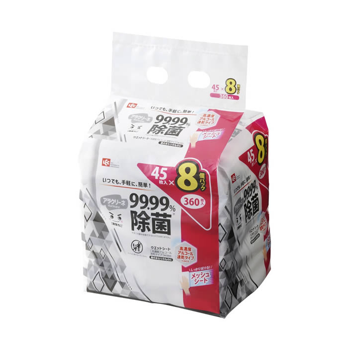 高濃度アルコール配合、99.99%除菌シート45枚入×8個 アルコールを高濃度配合した、99.99％除菌シートです。 拭き取ることでテーブルまわりや身のまわり品の除菌ができます。 ※拭き取った後の菌を減少させるもので、全ての菌を除去できるわけではありません。 シート45枚入×8個パックです。 持ち歩きに便利なコンパクトサイズです。 シートを1枚取っても、次のシートが出てこないタイプです。 オープンシールは、シートが取り出しやすいオーバーストップ機能が付いています。 しっかり拭けるメッシュシートです。商品詳細 商品名ウェットシート 激落ちくん 高濃度アルコール 除菌シート 45枚入 8個セット 品番：C00888 ポイント高濃度アルコール配合、99.99%除菌シート45枚入×8個 アルコールを高濃度配合した、99.99％除菌シートです。 拭き取ることでテーブルまわりや身のまわり品の除菌ができます。 ※拭き取った後の菌を減少させるもので、全ての菌を除去できるわけではありません。 シート45枚入×8個パックです。 持ち歩きに便利なコンパクトサイズです。 シートを1枚取っても、次のシートが出てこないタイプです。 オープンシールは、シートが取り出しやすいオーバーストップ機能が付いています。 しっかり拭けるメッシュシートです。 サイズ約横18×縦12.5cm 素材ポリエステル、レーヨン メーカーレック 内容量45枚入×8個 生産国日本製 ご注意事項お使いのモニターの性能・環境・設定によって、実際の商品と色見が異なる場合がございます。