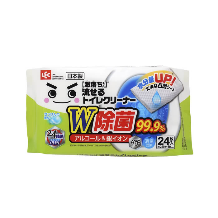トイレの拭き掃除と除菌ができる銀イオン配合のウエットシート トイレの拭き掃除と除菌ができる銀イオン配合のウエットシートです。 アルコールと銀イオンのW効果により、便座や床などのニオイの元となる汚れや雑菌を取り除くので、除菌・消臭効果があります。 エンボス加工でシートが丈夫なので、拭きやすいです。 使用後はそのままトイレに流せます。 詰め替えずにこのままご使用できます。商品詳細 商品名激落ち 流せる除菌トイレクリーナー 24枚入 品番：S00280 ポイントトイレの拭き掃除と除菌ができる銀イオン配合のウエットシート トイレの拭き掃除と除菌ができる銀イオン配合のウエットシートです。 アルコールと銀イオンのW効果により、便座や床などのニオイの元となる汚れや雑菌を取り除くので、除菌・消臭効果があります。 エンボス加工でシートが丈夫なので、拭きやすいです。 使用後はそのままトイレに流せます。 詰め替えずにこのままご使用できます。 サイズ約横25×縦16cm 素材パルプ メーカーレック 内容量24枚入 生産国日本製 ご注意事項お使いのモニターの性能・環境・設定によって、実際の商品と色見が異なる場合がございます。