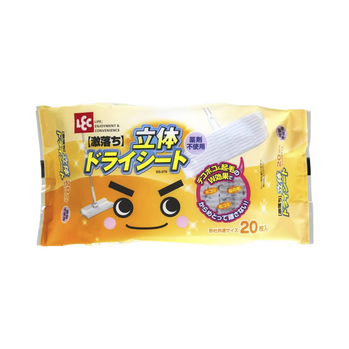 ホコリを取り込みやすい、フローリング用ドライシート20枚入 ホコリを取り込みやすいデコボコ状の立体ドライシートです。 フローリングや畳のから拭きに適しています。 掃除機をかけにくいソファの下や階段のお掃除に便利です。 シートだけでダスターとしてもご使用いただけます。 各社のフローリングワイパーに取り付けられます。商品詳細 商品名スペア 激落ちシート 立体ドライシート デコボコ＆起毛 20枚入 ポイントホコリを取り込みやすい、フローリング用ドライシート20枚入 ホコリを取り込みやすいデコボコ状の立体ドライシートです。 フローリングや畳のから拭きに適しています。 掃除機をかけにくいソファの下や階段のお掃除に便利です。 シートだけでダスターとしてもご使用いただけます。 各社のフローリングワイパーに取り付けられます。 サイズ約横30×縦20×高さ10cm 素材ポリエステル メーカーレック 内容量20枚 生産国日本製 ご注意事項お使いのモニターの性能・環境・設定によって、実際の商品と色見が異なる場合がございます。