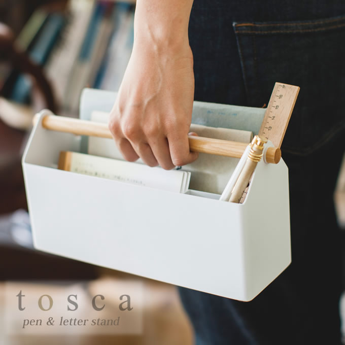 tosca ペン＆レタースタンド トスカ ／ ペン立て マルチスタンド ハンドル付き レター 手紙 レターケース 小物入れ 小物収納 収納ケース ペンホルダー オフィス用品 シンプル 省スペース スリム 白 ウッド ホワイト 天然木 山崎実業 yamazaki