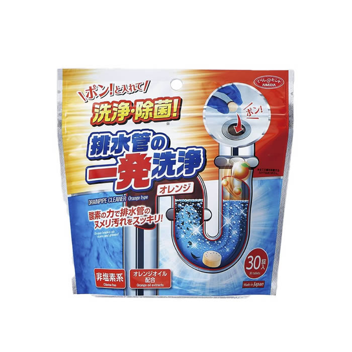 排水管の一発洗浄オレンジタイプ4g×30錠 酸素の力で排水管のヌメリ汚れをスッキリ落とす洗浄剤です。 非塩素系でオレンジオイル配合で、排水溝のニオイの原因になる汚れを洗浄・除菌します。 タブレットタイプなのでポンと入れるだけで簡単に使えます。 使用量の目安は1週間に1回1〜3錠程度、浸け置きの場合は1Lのぬるま湯に3錠程度です。 30錠入りです。商品詳細 商品名排水管洗剤 排水管の一発洗浄オレンジタイプ ポイント排水管の一発洗浄オレンジタイプ4g×30錠 酸素の力で排水管のヌメリ汚れをスッキリ落とす洗浄剤です。 非塩素系でオレンジオイル配合で、排水溝のニオイの原因になる汚れを洗浄・除菌します。 タブレットタイプなのでポンと入れるだけで簡単に使えます。 使用量の目安は1週間に1回1〜3錠程度、浸け置きの場合は1Lのぬるま湯に3錠程度です。 30錠入りです。 サイズ約幅15×奥行7×高さ14.5cm 素材界面活性剤(アルファオレフィンスルホン酸ナトリウム)過炭酸ナトリウム(50％)炭酸ナトリウム(発泡剤)pH調整剤(コハク酸)炭酸水素ナトリウム(発泡剤)オレンジオイル香料、色素 重さ約131g メーカーアイメディア 内容量1個（4g×30錠） 生産国日本製 ご注意事項お使いのモニターの性能・環境・設定によって、実際の商品と色見が異なる場合がございます。