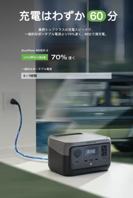 【新品】EcoFlow ポータブル電源 リン酸鉄 長寿命 1hフル充電 RIVER 2 256Wh 5年保証 小型 蓄電池 発電機 ポータブル バッテリー 急速充電 アプリ対応 車中泊 AC出力300W アウトドア 台風 停電 防災グッズ キャンプ 2