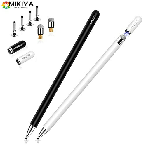 Mixoo スタイラスペン タッチペン 2本セット黒/白 2Wayモデル 交換式 ペン先6個 ipad iphone Androidスマートフォン タブレット対応 ディスク＋導電繊維 磁気キャップ アルミ本体