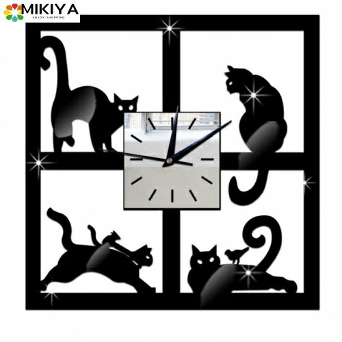 時計 壁掛け 掛け時計 黒猫 高級 ネコデザイン 猫 おしゃれ インテリア アンティーク かけ時計 連続秒針 スイープ式 レトロ 北欧 ブラック ホワイト 見やすい リビング かっこいい 正方形 小型 小さめ 静音 かけ時計 アナログ 四角