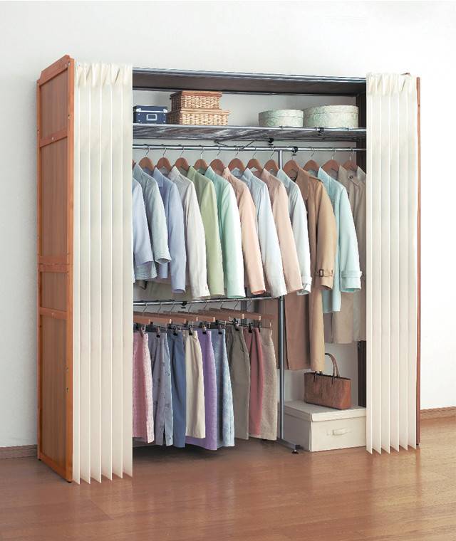 横伸縮 ハンガーラック カバー付き ワードローブ 木製伸縮式クローゼットハンガー(N)