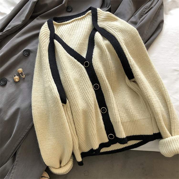 コントラストカラー セーター コート Vネック 快適である カーディガン デザインセンス ニットトップス(N)