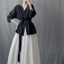 1つのホック 受け取って腰 ミニマリスト Vネック 長袖 シャツ 短いスタイル 気質(N)