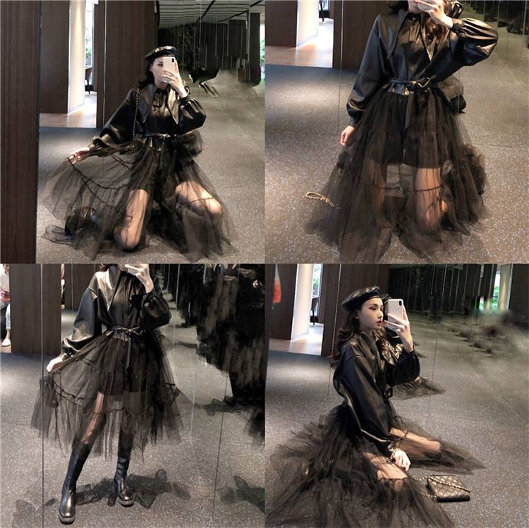 大人気 スリム西洋式 ファッション オールマッチ 縫付 sweet系 メッシュスカート PU レザー コート(N)