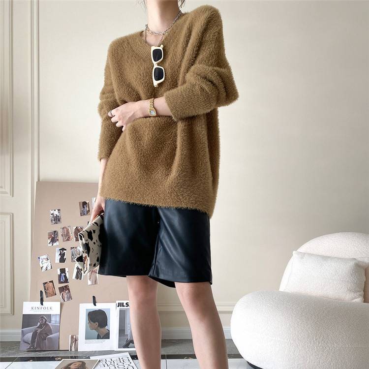 2021年秋冬新作 Vネック モヘア ぬいぐるみ シンプル ニットトップス セーター(N)