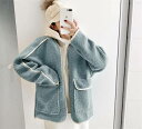 体型カバーと可愛いを両立 ゆったりする 子羊の毛 縫付 フード付き 短いスタイル コート 学院風(N)