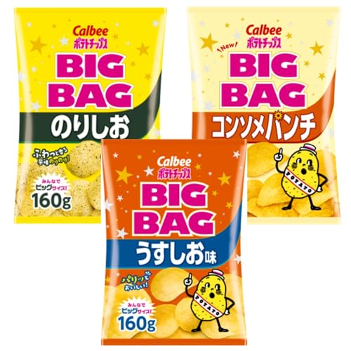 ポテトチップス★BIG BAG ★うすしお・のりしお・コンソメパンチ★ 3種類セット 各160g ポテトスナック 大容量 おつまみ おいしい