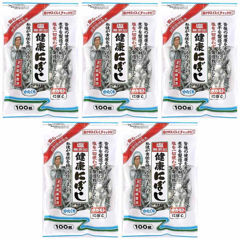 【商品説明】 サカモト 塩無添加健康にぼし 100g の 商品概要 塩無添加のにぼし サカモトの「塩無添加健康にぼし」は製造時に食塩を使用しておりません。塩分を気にされる方におすすめのにぼしです。 内容量：100g セット内容：5個 原産地：国産 【商品スペック】 サカモト 塩無添加健康にぼし 100g の商品スペック 内容量 100g 栄養成分表示 309kcal ※エネルギー 67.5g ※たんぱく質 4.3g ※脂質 0g ※炭水化物 1.5g ※食塩相当量 他のサカモトの食品＆飲料・お酒を探す 食品＆飲料・お酒 サカモト>乾物 サカモト>煮干し サカモト その他 ●内容量：100g ●食物アレルギー：本品の原料のいわしは「えび・かに」が混ざる漁法で採取をしています。 ●原材料：かたくちいわし（国産） ●産地：国産 ●保存方法：直射日光を避け、常温で保存してください。 ●栄養成分 栄養成分表示[可食部100g当たり]エネルギー：309kcal、たんぱく質：67.5g、脂質：4.3g、炭水化物：0g、食塩相当量：1.5g、カルシウム：2,600mg、鉄：23.6mg、DHA：1,100mg、EPA：570mg