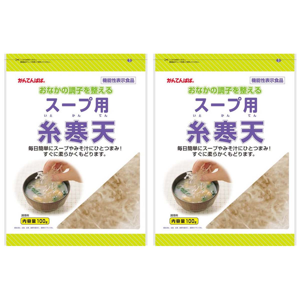【商品説明】 伊那食品 かんてんぱぱ スープ用糸寒天 100g の 商品概要 手軽な食物繊維補給に 毎日飲むスープや味噌汁にひとつまみ入れるだけで食物繊維の補給ができます。スープだけでなく、サラダや和え物にも幅広くお使いください。 内容量：100g セット内容：2個