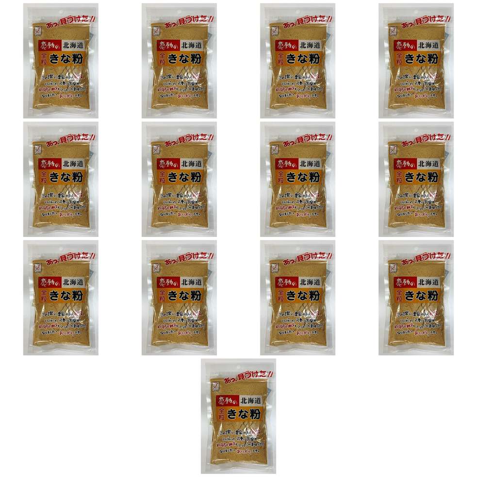 【商品説明】 中村食品産業 感動の北海道 全粒きな粉 145g の 商品概要 北海道産丸大豆を使用したきな粉です 北海道産丸大豆を直火で焙煎した、香ばしく風味豊かなきな粉です。 お召し上がり方 餅や団子にふりかけたり、牛乳やヨーグルトに入れても大変美味しく召し上がっていただけます。 内容量：145g セット内容：13個 原産地：北海道産 【商品スペック】 中村食品産業 感動の北海道 全粒きな粉 145g の商品スペック その他 ●名称：きな粉 ●原材料名：大豆（北海道産） ●内容量：145g ●保存方法：直射日光及び高温・多湿を避けて常温保存 ●製造者：中村食品産業株式会社 ●栄養成分表示（100g当たり）：エネルギー450kcal、タンパク質36.7g、脂質25.7g、炭水化物28.5g、食塩相当量0g、カルシウム190mg ■アレルゲン情報：大豆 他の中村食品産業 の食品＆飲料・お酒を探す 食品＆飲料・お酒 中村食品産業 >乾物 中村食品産業 >きな粉 中村食品産業