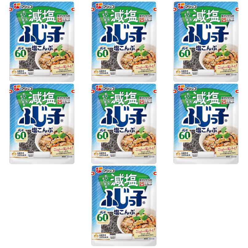 【商品説明】 フジッコ Fujicco 減塩ふじっ子 塩こんぶ 27g の 商品概要 味付けこれだけ ごはん、お茶漬け、おにぎりはもちろん、色々なお料理においしく幅広く活用頂けます。おいしさそのままに、塩分を25%カットしました。国産昆布をやわらかく味わい深く仕上げました。 国産昆布を100%使用 厳選した昆布を独自の味付けと製法でじっくり、丁寧に炊き上げております。 内容量:27g セット内容:7個 【商品スペック】 フジッコ Fujicco 減塩ふじっ子 塩こんぶ 27g の商品スペック その他 ●内容量:27g ●名称:塩昆布(つくだに) ●食物アレルギー:小麦、大豆 ●原材料:昆布、たんぱく加水分解物、還元水あめ、しょうゆ、砂糖、昆布エキス、食塩/調味料(アミノ酸等)、(一部に小麦・ごま・大豆を含む) ●産地:昆布(国産) ●保存方法:高温多湿を避け、常温で保存 ●栄養成分(100g当り):エネルギー266kcal、たんぱく質22.8g 、脂質0.5g、炭水化物47.2g(糖質37.8g 食物繊維9.4g)、食塩相当量15.4g、リン154mg、カリウム552mg、カルシウム179mg 他のフジッコの食品&飲料・お酒を探す 食品&飲料・お酒 フジッコ Fujicco>乾物 フジッコ Fujicco>昆布 フジッコ Fujicco メーカー都合により、パッケージや内容が変更となる場合がございます。パッケージ変更を理由とした返品は承っておりません。