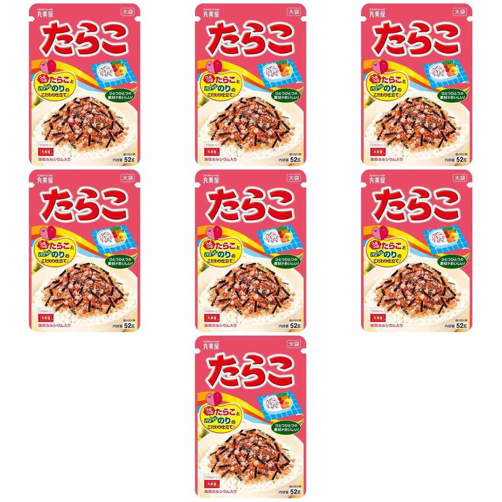 【商品説明】 丸美屋 たらこ 大袋 52g の 商品概要 たらこふりかけ 本格感を追求した旨味・風味・彩り。お得感とボリューム感がうれしい大袋タイプです。 内容量:52g セット内容:7個 【商品スペック】 丸美屋 たらこ 大袋 52g の商品スペック その他 ●内容量:52g ●名称:たらこ 大袋 52g ●食物アレルギー:卵・乳成分・小麦・ごま・さば・大豆・魚介エキス(魚介類) ●原材料:たらこ(アメリカ産、アイスランド産)、パン粉、乳糖、食塩、いりごま、大豆加工品、砂糖、ショートニング、のり、さば削り節、パーム油、魚介エキス(魚介類)、オキアミエキス、でん粉、卵白粉末、醤油、デキストリン、海藻カルシウム、還元水あめ、酵母エキス、水あめ、果糖ぶどう糖液糖、みりん、鰹節エキス/調味料(アミノ酸等)、着色料(紅麹、カロチノイド)、膨張剤、酸化防止剤(ビタミンE、ローズマリー抽出物)、(一部に卵・乳成分・小麦・ごま・さば・大豆・魚介エキス(魚介類)を含む) ●保存方法:常温 ●栄養成分:たらこ(2.5g):エネルギー9.5kcal、たんぱく質0.7g、脂質0.34g、炭水化物0.91g、食塩相当量0.4g 他の丸美屋の食品&飲料・お酒を探す 食品&飲料・お酒 丸美屋>乾物 丸美屋>ふりかけ 丸美屋 メーカー都合により、パッケージや内容が変更となる場合がございます。パッケージ変更を理由とした返品は承っておりません。