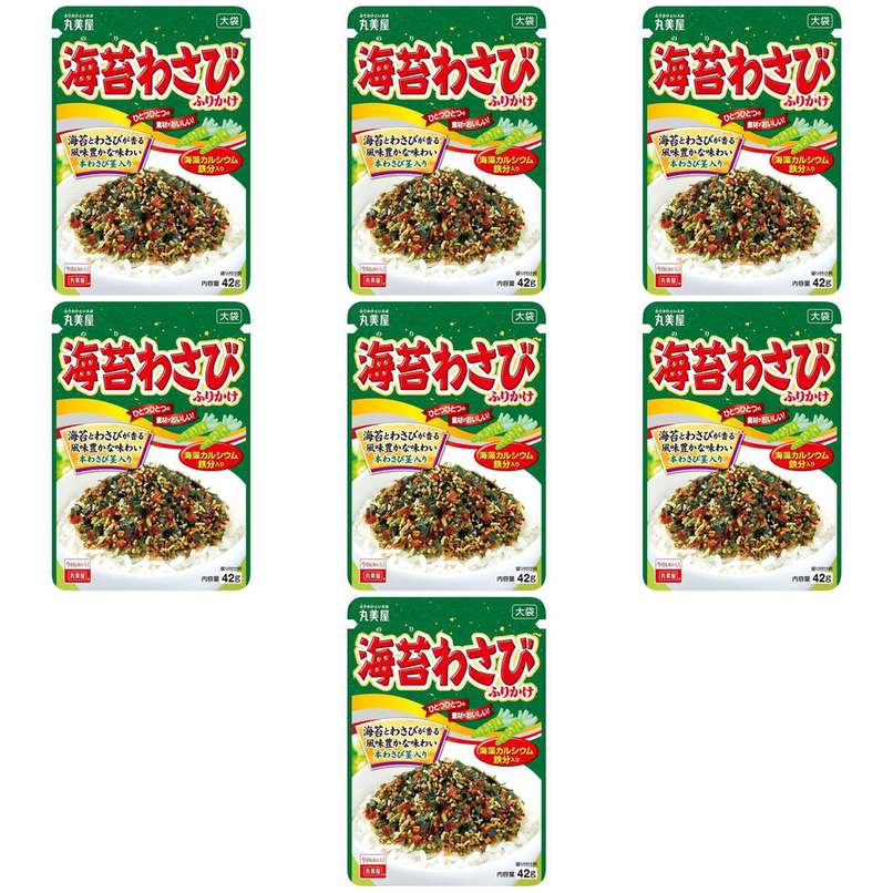【商品説明】 丸美屋 海苔わさびふりかけ 大袋 42g の 商品概要 直詰ふりかけ 海苔の香りとわさびの風味が楽しめる、大人も満足のふりかけ。 内容量:42g セット内容:7個 【商品スペック】 丸美屋 海苔わさびふりかけ 大袋 42g の商品スペック その他 ●内容量:42g ●名称:海苔わさびふりかけ 大袋 42g ●食物アレルギー:乳成分・小麦・ごま・大豆 ●原材料:いりごま(国内製造)、食塩、乳糖、砂糖、鰹削り節、のり、小麦粉、でん粉、醤油、あおさ、大豆加工品、加工油脂、海藻カルシウム、本わさび茎、みりん、抹茶、鰹節粉、エキス(鰹節、酵母、魚介)、西洋わさび、乳製品、ぶどう糖果糖液糖、イースト、デキストリン、還元水あめ/調味料(アミノ酸等)、環状オリゴ糖、着色料(カラメル、フラボノイド、クチナシ、カロチノイド)、香料、ピロリン酸鉄、酸化防止剤(ビタミンE)、(一部に乳成分・小麦・ごま・大豆を含む) ●保存方法:常温 ●栄養成分:海苔わさび(2.0g):エネルギー7.7kcal、たんぱく質0.46g、脂質0.34g、炭水化物0.72g、食塩相当量0.35g 他の丸美屋の食品&飲料・お酒を探す 食品&飲料・お酒 丸美屋>乾物 丸美屋>ふりかけ 丸美屋 メーカー都合により、パッケージや内容が変更となる場合がございます。パッケージ変更を理由とした返品は承っておりません。