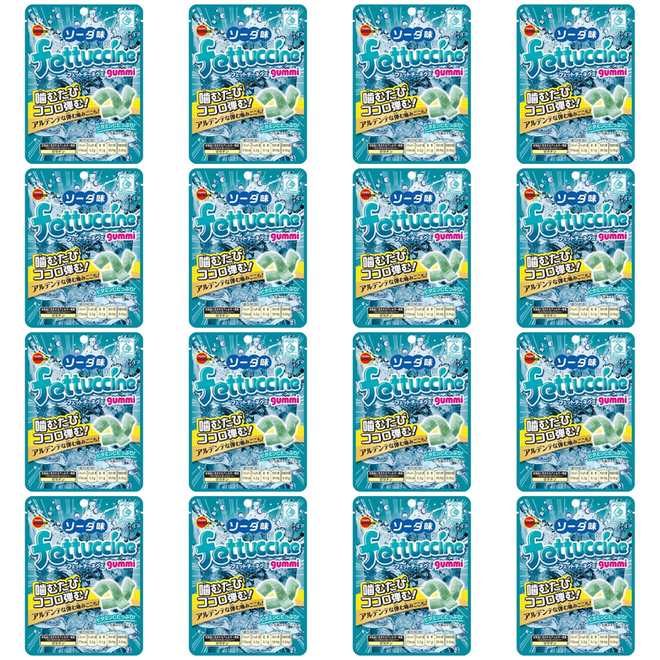 【商品説明】 ブルボン フェットチーネグミ ソーダ味 50g の 商品概要 特徴 噛み応えのある食感に、すっぱいパウダーもたっぷり付着し、ソーダの風味を引き立たせます。 内容量:50g セット内容:16個 原産地:日本 【商品スペック】 ブルボン フェットチーネグミ ソーダ味 50g の商品スペック その他 ●内容量:50g ●食物アレルギー:ゼラチン ●原材料:砂糖(国内製造、タイ製造)、水飴、ゼラチン、レモン濃縮果汁、ライム濃縮果汁、しょうが粉末/酸味料、ソルビトール、炭酸カルシウム、香料、ビタミンC、着色料(スピルリナ青、カロテン)、ゲル化剤(ペクチン)、乳化剤、マンニトール ●栄養成分:エネルギー173kcal、たんぱく質3.2g、脂質0.1g、炭水化物39.9g、食塩相当量0.06g、ビタミンC63mg ●産地:日本 ●保存方法:直射日光・高温多湿をさけ、35°C以下で保管してください。 他のブルボンの食品&飲料・お酒を探す 食品&飲料・お酒 ブルボン>お菓子・スイーツ ブルボン>ガム・あめ・ミント ブルボン>グミ ブルボン メーカー都合により、パッケージや内容が変更となる場合がございます。パッケージ変更を理由とした返品は承っておりません。